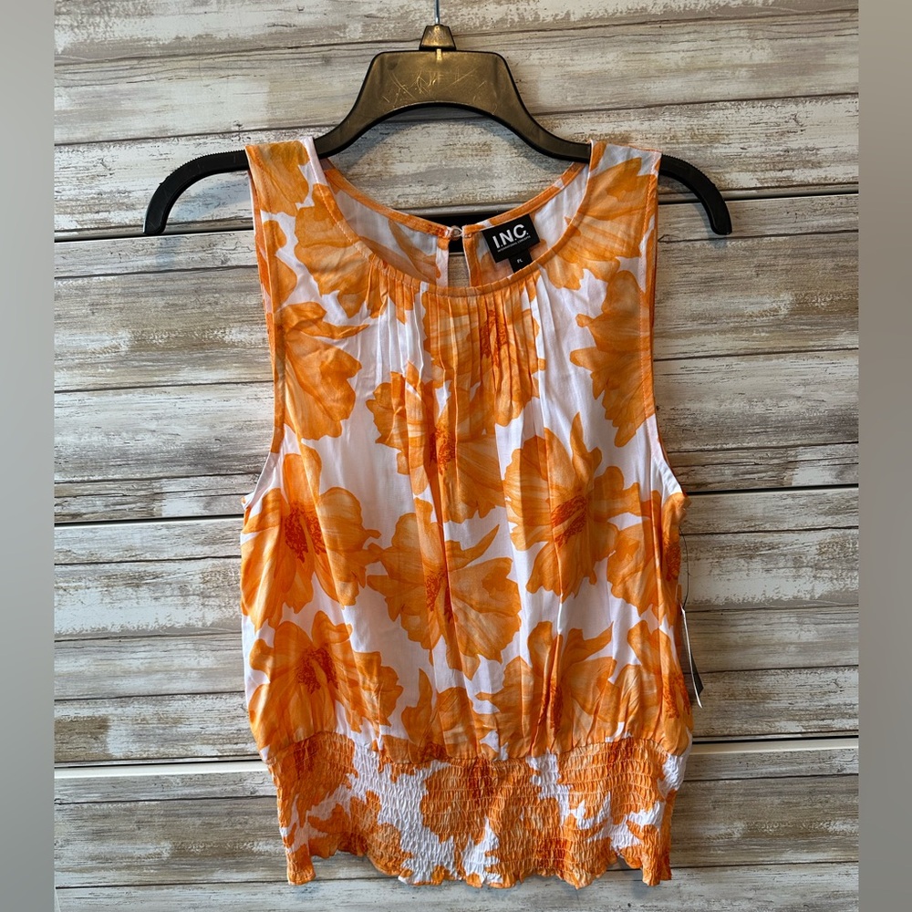 🍊 NWT INC Petite Large Orange Floral Smocked Waist Tank Top Boho